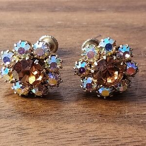 Vintage MCM Mid-Century AB Rhinestone Screw Back Earrings